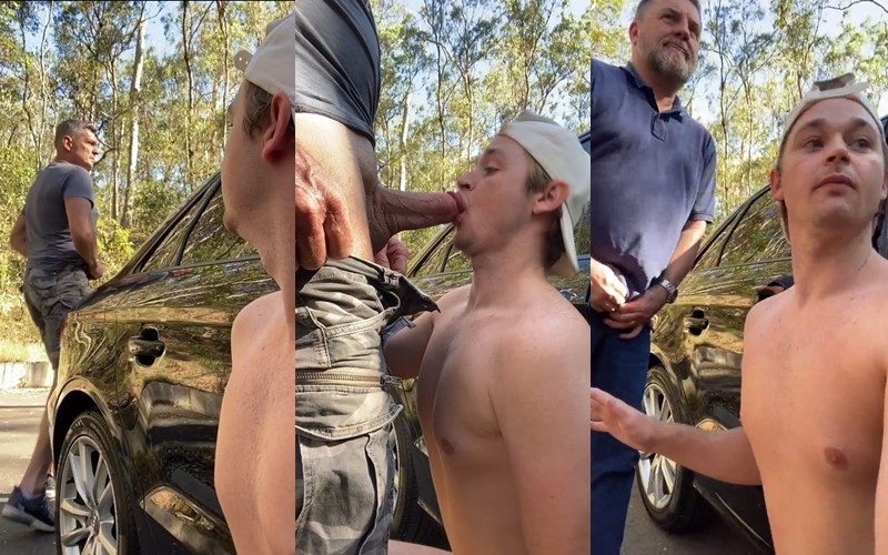 Blonde little slut sucking two daddies in the parking lot