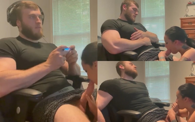 Extremely Sexy Big Hunk gets a BJ while gaming