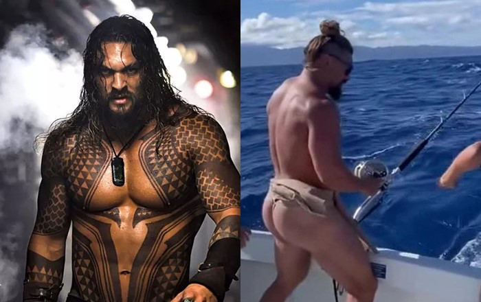 Actor Jason Momoa Naked catching fish from a boat