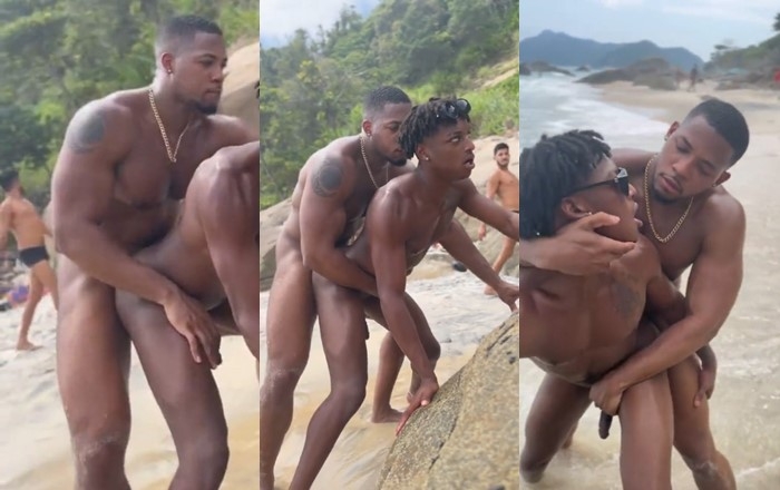 Hot Black guys enjoy fun on public beach