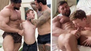 two big muscular guys fuck a small twink