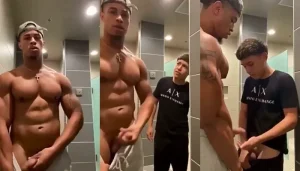 Surprise in the bathroom boy win milk from jock