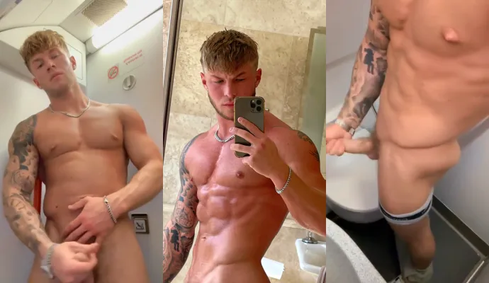 Handsome blond influencer cumming in airplane bathroom